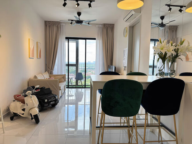 Bukit Indah Apartment Interior, Iskandar Puteri High-rise apartment living and dining area with balcony view, representing homes around Bukit Indah, Iskandar Puteri
