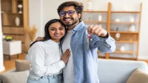Newlyweds Celebrating the Purchase of Their First Home
