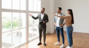 Happy homebuyer giving a positive testimonial to a real estate agent