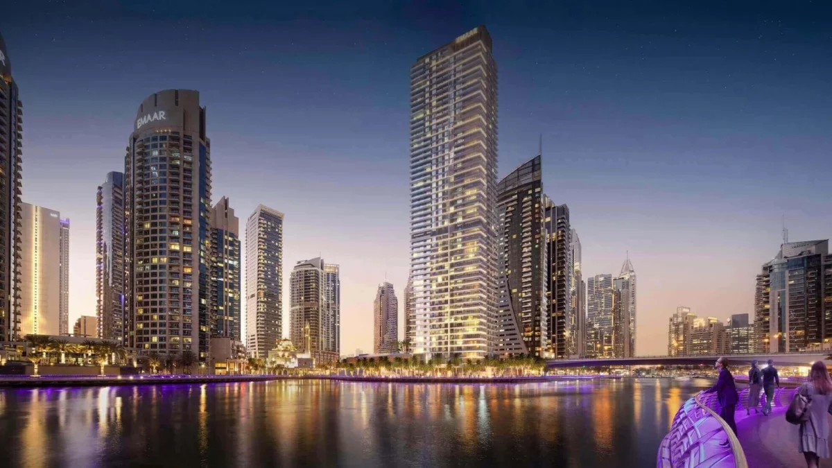 Dubai Marina skyline at dusk, waterfront apartments and towers