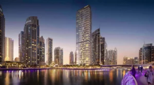Dubai Marina skyline at dusk, waterfront apartments and towers