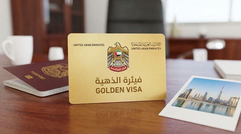 UAE-Golden-Visa-Card-on-Office-Desk -with-Passport-and -Dubai-Skyline