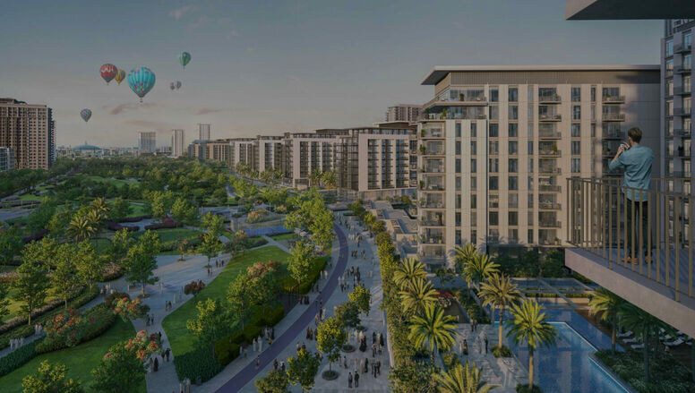 Dubai Hills Estate townhouses lining a landscaped street