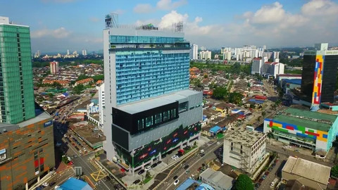 Johor Bahru City Center and Bukit Chagar Aerial view of high-rise towers and commercial buildings in central Johor Bahru
